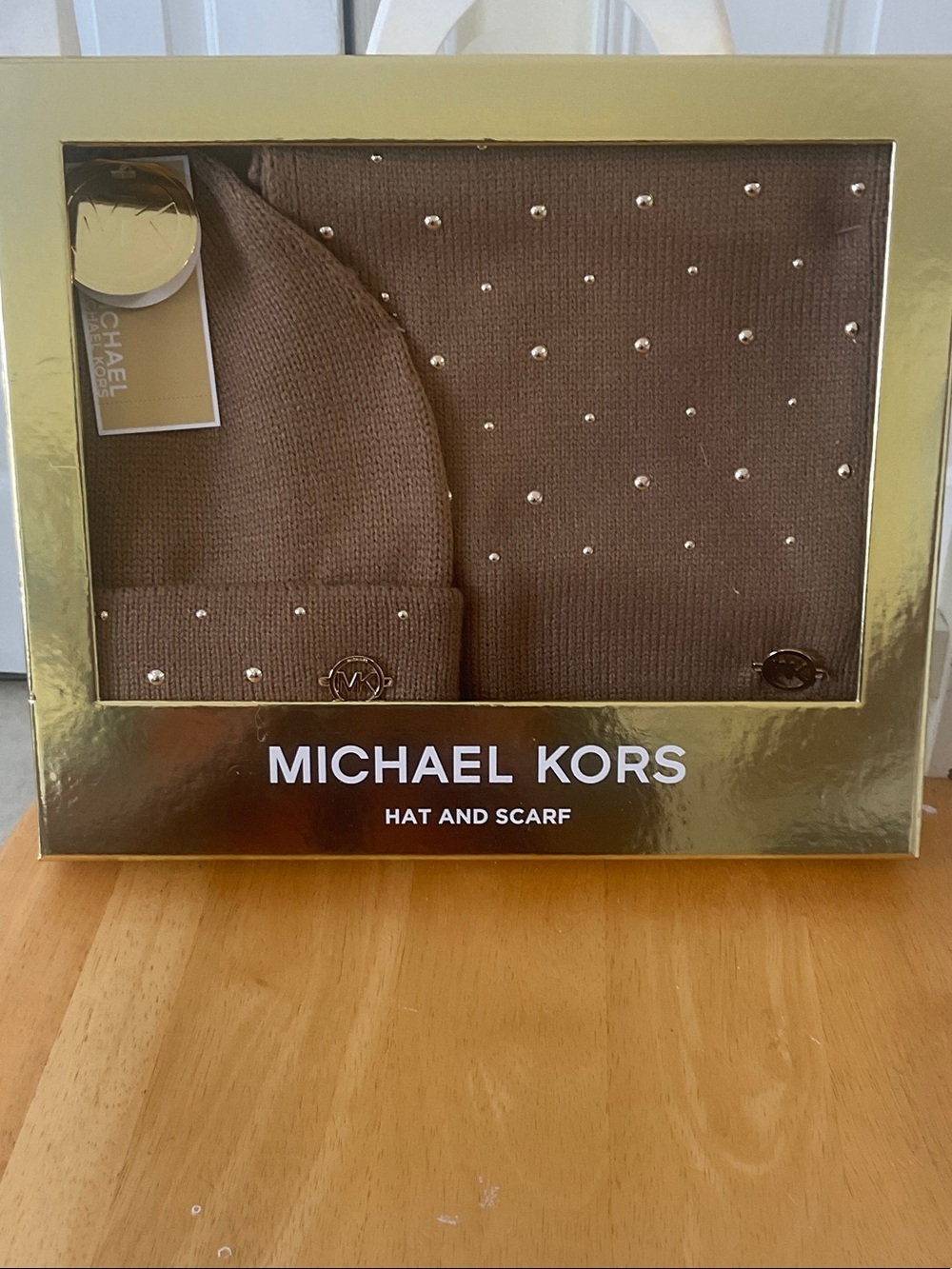 Michael Kors Chocolate Brown Studded Knit Hat & Scarf Set